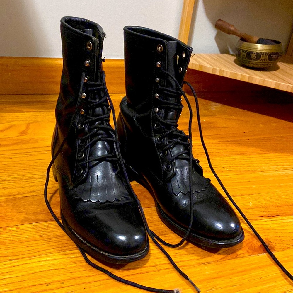 Gorgeous black leather boots with fringe. Handmade.